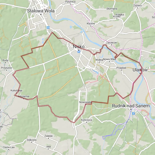 Map miniature of "The Gravel Escape" cycling inspiration in Podkarpackie, Poland. Generated by Tarmacs.app cycling route planner