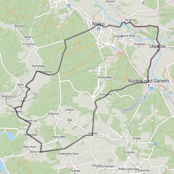 Map miniature of "Cycle through Jeżowe and Nisko" cycling inspiration in Podkarpackie, Poland. Generated by Tarmacs.app cycling route planner