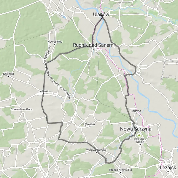 Map miniature of "Scenic Ride to Koziarnia and Łysa Góra" cycling inspiration in Podkarpackie, Poland. Generated by Tarmacs.app cycling route planner