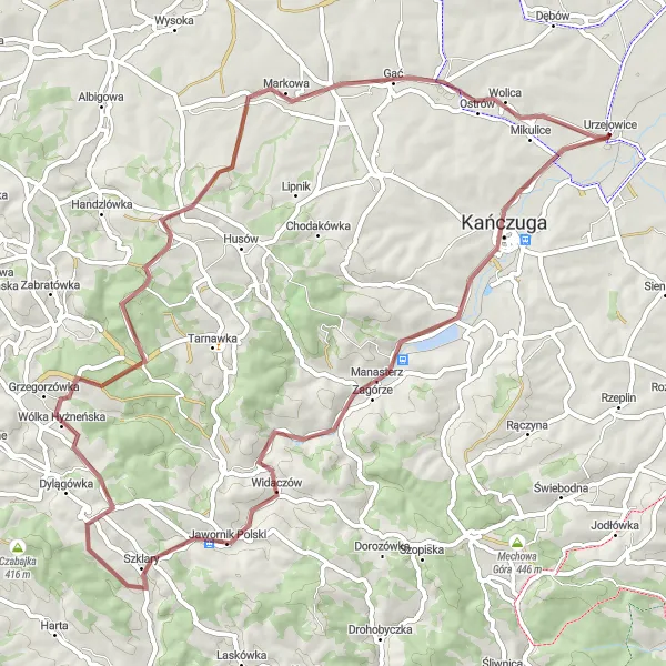 Map miniature of "Discovering Kańczuga and Markowa" cycling inspiration in Podkarpackie, Poland. Generated by Tarmacs.app cycling route planner