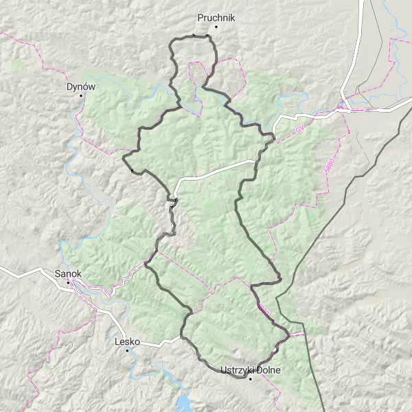 Map miniature of "Road Cycling Adventure to Ustjanowa Dolna and Kiczora" cycling inspiration in Podkarpackie, Poland. Generated by Tarmacs.app cycling route planner