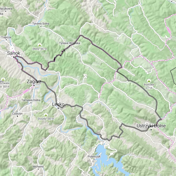 Map miniature of "Bieszczady Adventure" cycling inspiration in Podkarpackie, Poland. Generated by Tarmacs.app cycling route planner