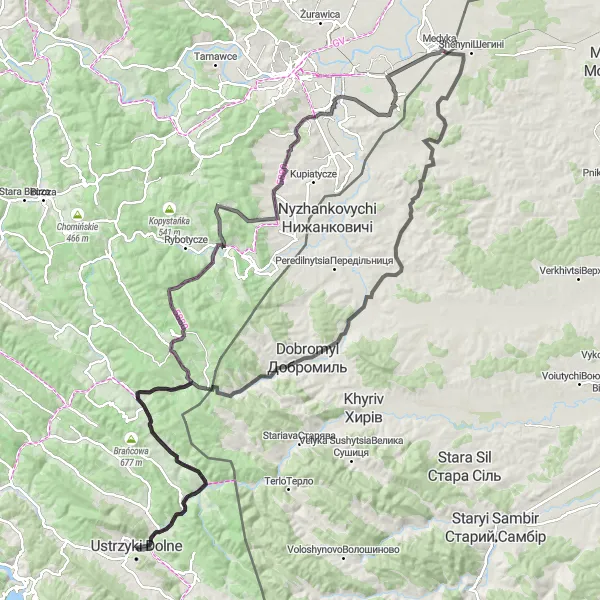 Map miniature of "Amazing Views of the Bieszczady Mountains" cycling inspiration in Podkarpackie, Poland. Generated by Tarmacs.app cycling route planner