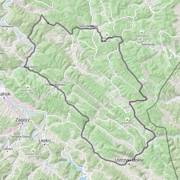 Map miniature of "Ustjanowa Dolna to Kiń" cycling inspiration in Podkarpackie, Poland. Generated by Tarmacs.app cycling route planner