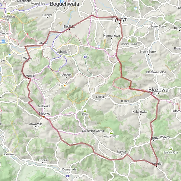 Map miniature of "Wesoła Gravel Adventure" cycling inspiration in Podkarpackie, Poland. Generated by Tarmacs.app cycling route planner