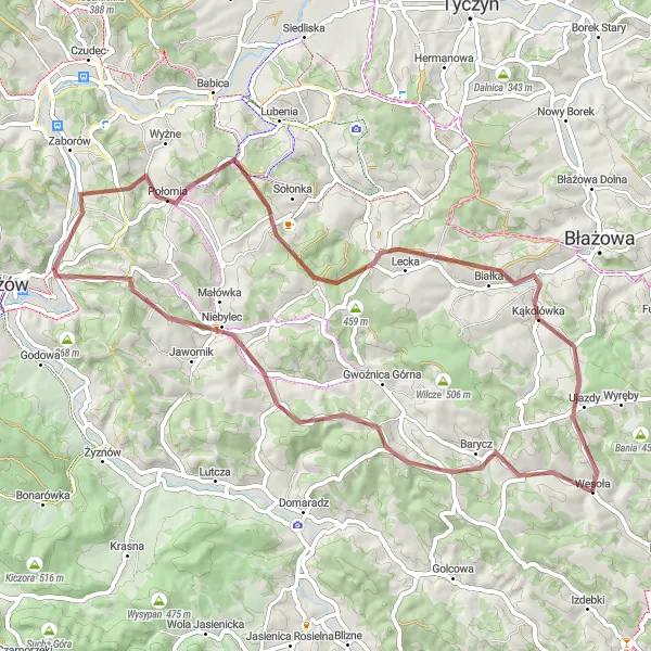 Map miniature of "Gravel Ride through Połomia, Lecka, and Kąkolówka" cycling inspiration in Podkarpackie, Poland. Generated by Tarmacs.app cycling route planner