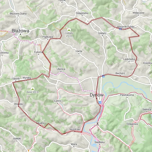 Map miniature of "Gravel Ride through Futoma, Czabajka, Jawornik Polski, Dynów, and Kamieniec" cycling inspiration in Podkarpackie, Poland. Generated by Tarmacs.app cycling route planner