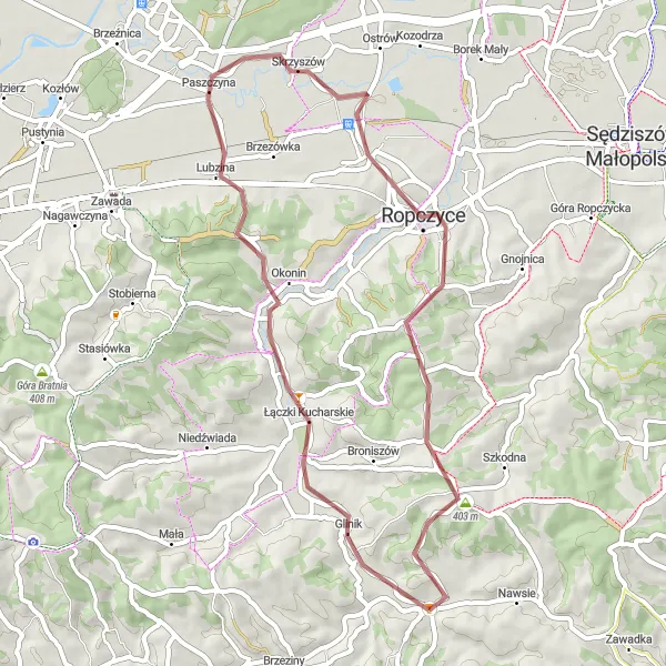 Map miniature of "Exploring Ropczyce's Countryside" cycling inspiration in Podkarpackie, Poland. Generated by Tarmacs.app cycling route planner