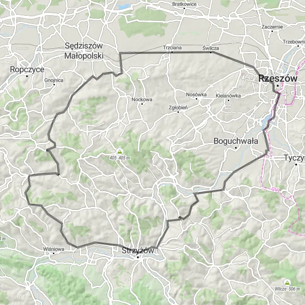 Map miniature of "Historical Journey from Rzeszów to Strzyżów" cycling inspiration in Podkarpackie, Poland. Generated by Tarmacs.app cycling route planner