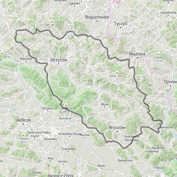 Map miniature of "Roundabout via Podkarpacki Park Etnograficzny" cycling inspiration in Podkarpackie, Poland. Generated by Tarmacs.app cycling route planner