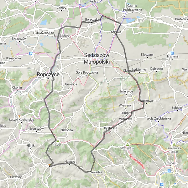 Map miniature of "Scenic Ride through Ropczyce and Boreczek" cycling inspiration in Podkarpackie, Poland. Generated by Tarmacs.app cycling route planner