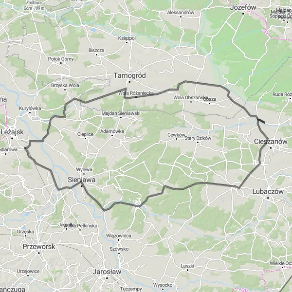 Map miniature of "Road to Oleszyce" cycling inspiration in Podkarpackie, Poland. Generated by Tarmacs.app cycling route planner