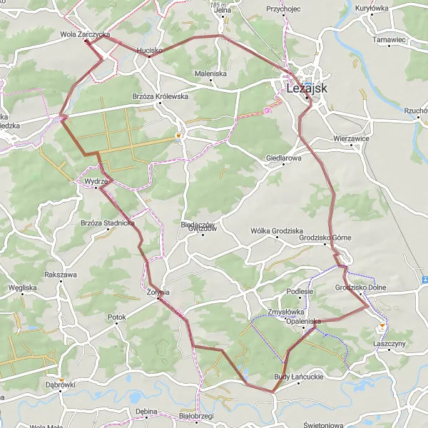 Map miniature of "Leżajsk and Żołynia Gravel Adventure" cycling inspiration in Podkarpackie, Poland. Generated by Tarmacs.app cycling route planner