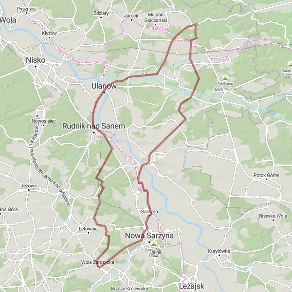 Map miniature of "Gravel Adventure near Wola Żarczycka" cycling inspiration in Podkarpackie, Poland. Generated by Tarmacs.app cycling route planner