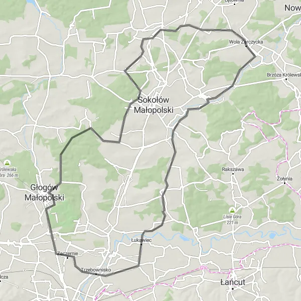 Map miniature of "Trzeboś and Głogów Małopolski Loop" cycling inspiration in Podkarpackie, Poland. Generated by Tarmacs.app cycling route planner