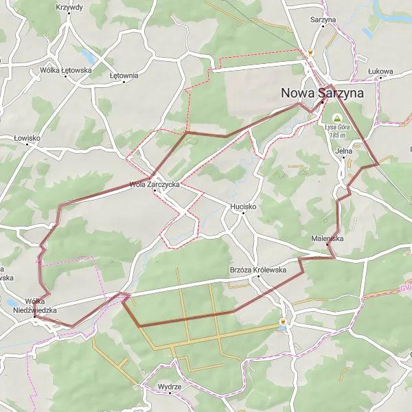 Map miniature of "The Łysa Góra Gravel Route" cycling inspiration in Podkarpackie, Poland. Generated by Tarmacs.app cycling route planner