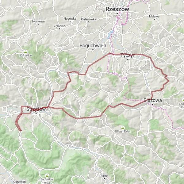 Map miniature of "Challenging Gravel Climbs" cycling inspiration in Podkarpackie, Poland. Generated by Tarmacs.app cycling route planner