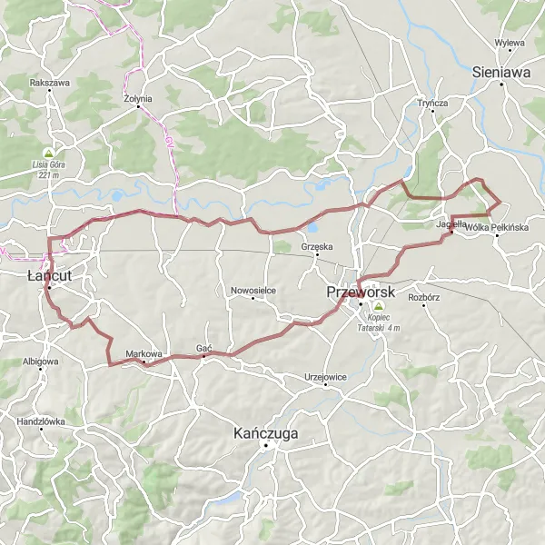 Map miniature of "Wysoka to Łańcut Gravel Adventure" cycling inspiration in Podkarpackie, Poland. Generated by Tarmacs.app cycling route planner