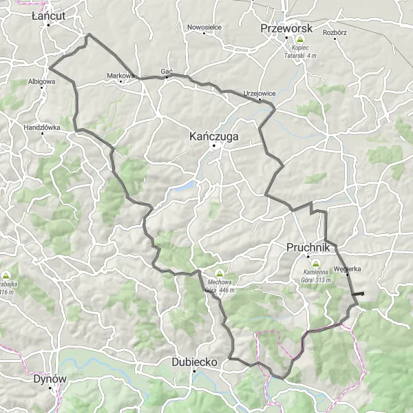 Map miniature of "The Mountainous Gać Route" cycling inspiration in Podkarpackie, Poland. Generated by Tarmacs.app cycling route planner