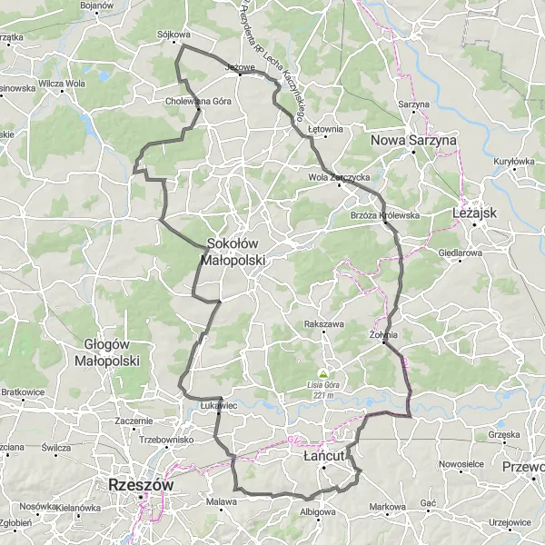 Map miniature of "Over the Hills and Through the Valleys" cycling inspiration in Podkarpackie, Poland. Generated by Tarmacs.app cycling route planner