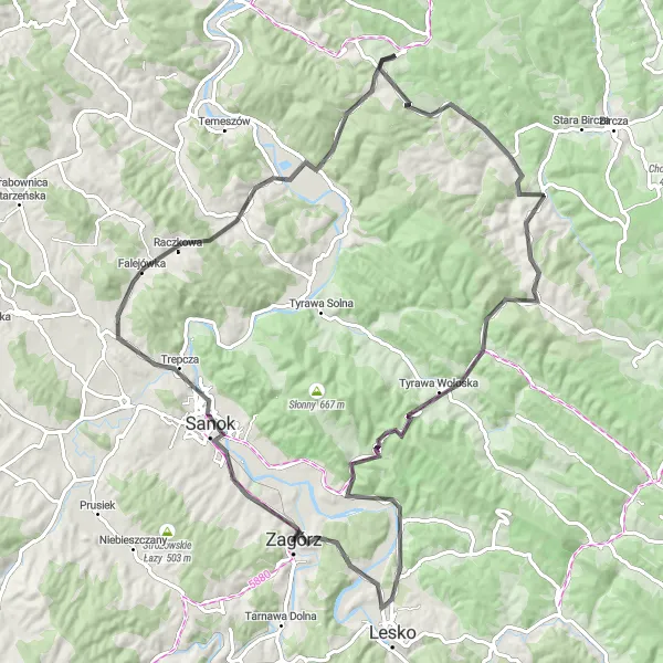 Map miniature of "Zagórz Circuit" cycling inspiration in Podkarpackie, Poland. Generated by Tarmacs.app cycling route planner