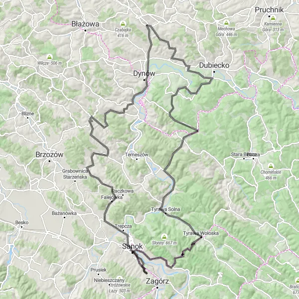 Map miniature of "Mountain Majesty" cycling inspiration in Podkarpackie, Poland. Generated by Tarmacs.app cycling route planner