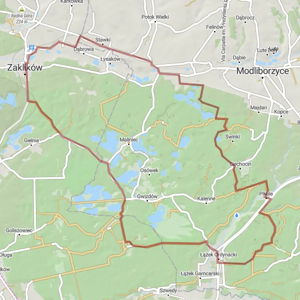 Map miniature of "The Pilgrimage Gravel Route" cycling inspiration in Podkarpackie, Poland. Generated by Tarmacs.app cycling route planner
