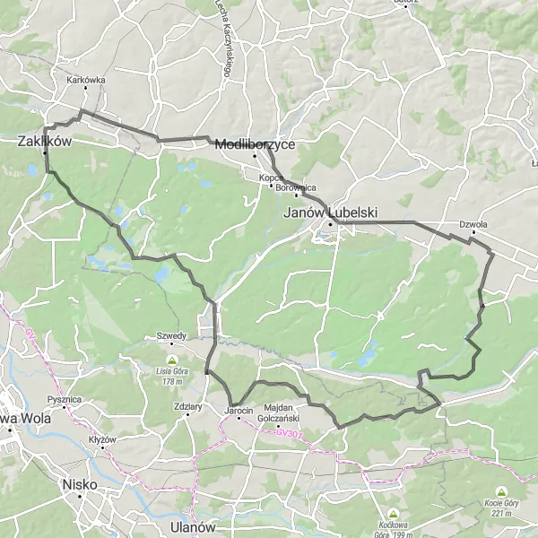 Miniatura mapy "Przez Janów Lubelski do Łążka Ordynackiego" - trasy rowerowej w Podkarpackie, Poland. Wygenerowane przez planer tras rowerowych Tarmacs.app