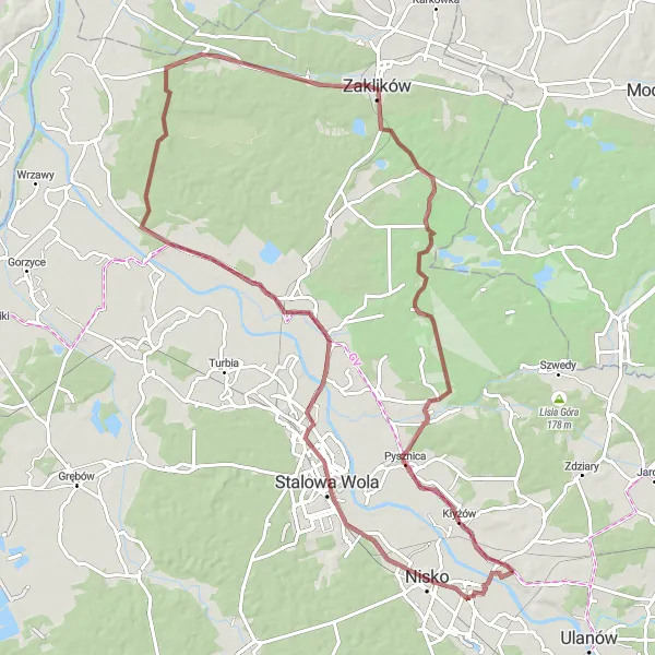 Map miniature of "Gravel Adventure to Zaklików" cycling inspiration in Podkarpackie, Poland. Generated by Tarmacs.app cycling route planner