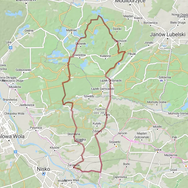 Map miniature of "Scenic Gravel Route from Zarzecze to Zadąbrowa" cycling inspiration in Podkarpackie, Poland. Generated by Tarmacs.app cycling route planner