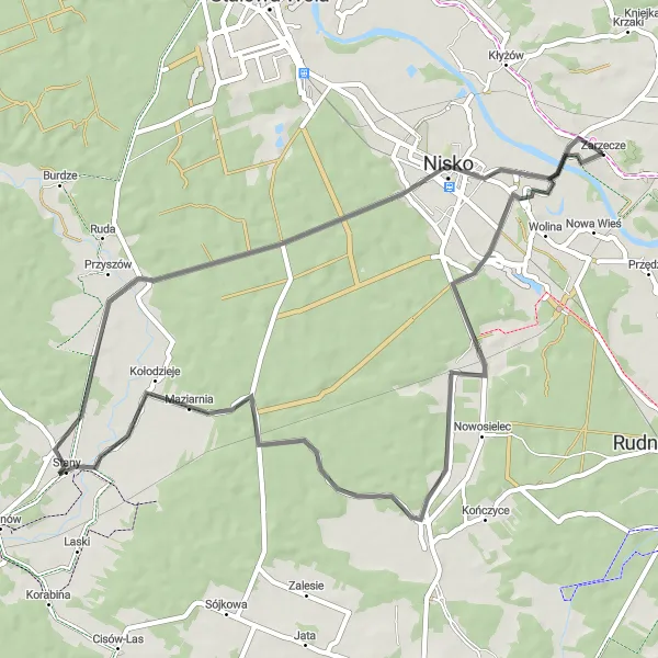 Map miniature of "Zarzecze to Nisko Road Trip" cycling inspiration in Podkarpackie, Poland. Generated by Tarmacs.app cycling route planner