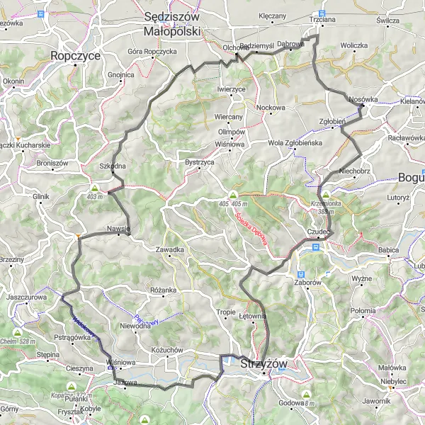 Map miniature of "From Zgłobień to Czudec and Strzyżów" cycling inspiration in Podkarpackie, Poland. Generated by Tarmacs.app cycling route planner