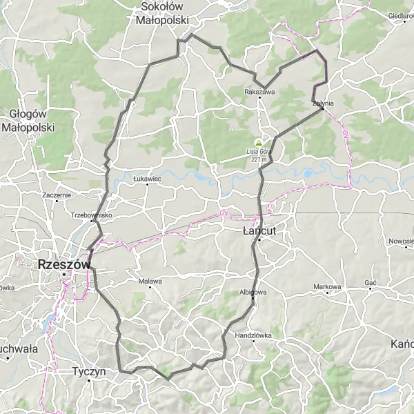 Map miniature of "Cultural and Scenic Road Tour: Łańcut Castle to Żołynia Górna" cycling inspiration in Podkarpackie, Poland. Generated by Tarmacs.app cycling route planner