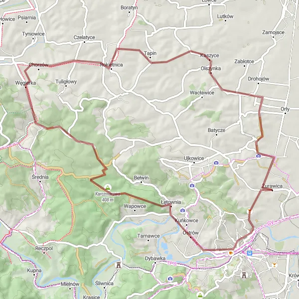 Map miniature of "Przemyśl Escape" cycling inspiration in Podkarpackie, Poland. Generated by Tarmacs.app cycling route planner