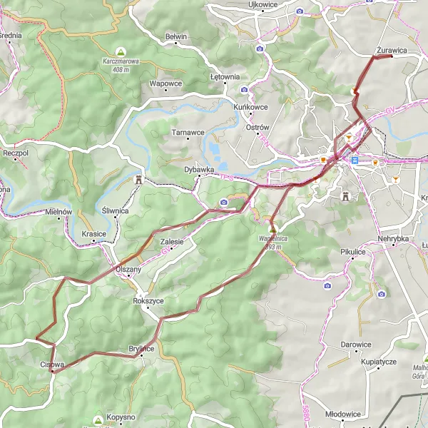 Map miniature of "Gravel Getaway" cycling inspiration in Podkarpackie, Poland. Generated by Tarmacs.app cycling route planner