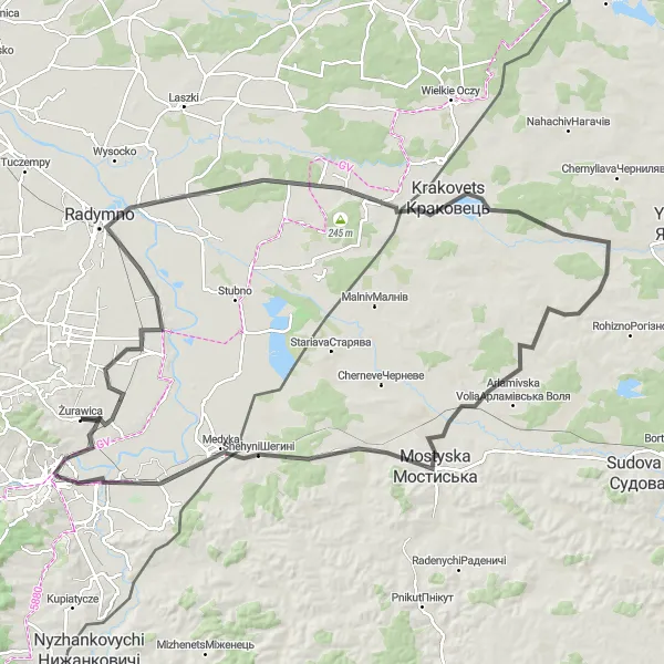 Map miniature of "Charm of the Podkarpackie Region" cycling inspiration in Podkarpackie, Poland. Generated by Tarmacs.app cycling route planner