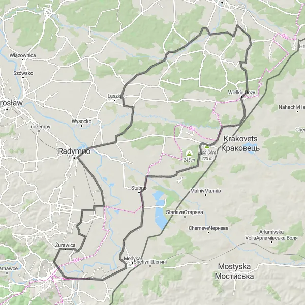 Map miniature of "The Enchanting East" cycling inspiration in Podkarpackie, Poland. Generated by Tarmacs.app cycling route planner