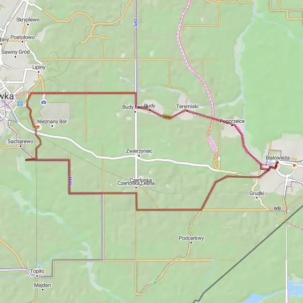 Miniatura mapy "Trasa Gravelowa przez Czerlonkę Leśną i Krynoczkę" - trasy rowerowej w Podlaskie, Poland. Wygenerowane przez planer tras rowerowych Tarmacs.app