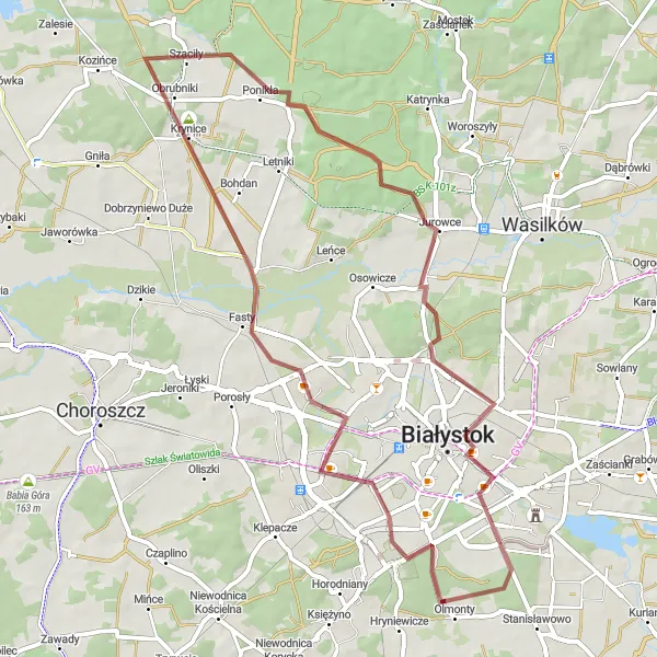 Map miniature of "Białystok gravel loop: Nature's Bounty and Architectural Delights" cycling inspiration in Podlaskie, Poland. Generated by Tarmacs.app cycling route planner