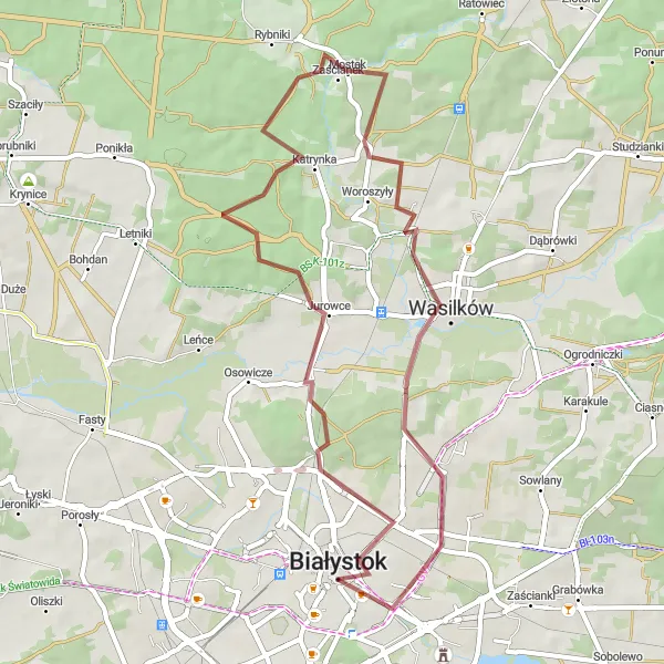 Map miniature of "Wólka-Przedmieście and Taras Widokowy Gravel Loop" cycling inspiration in Podlaskie, Poland. Generated by Tarmacs.app cycling route planner