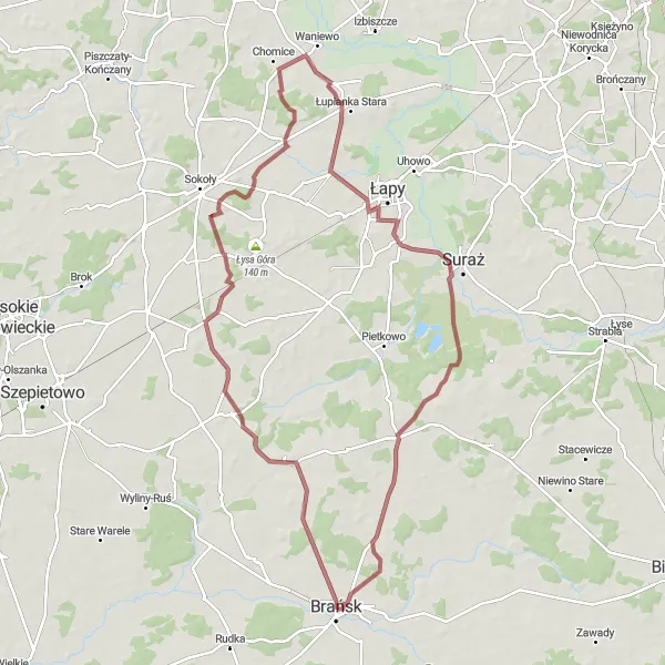 Map miniature of "Adventurous Gravel Ride to Hodyszewo and Płonka Kościelna" cycling inspiration in Podlaskie, Poland. Generated by Tarmacs.app cycling route planner