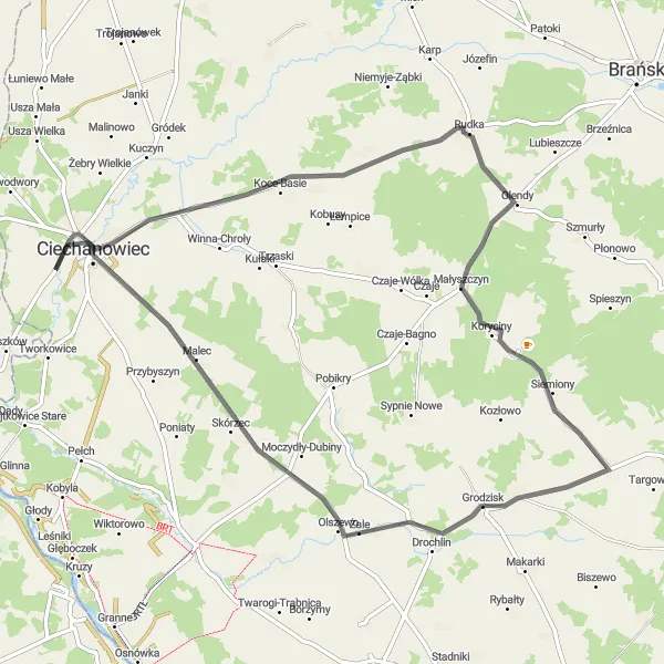 Miniatura mapy "Trasa zaczyna się niedaleko Ciechanowca" - trasy rowerowej w Podlaskie, Poland. Wygenerowane przez planer tras rowerowych Tarmacs.app