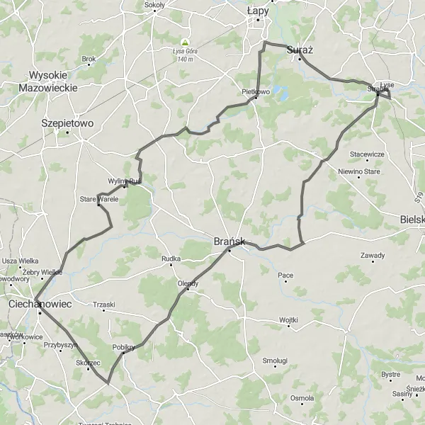 Miniatura mapy "Trasa szosowa do Ciechanowca" - trasy rowerowej w Podlaskie, Poland. Wygenerowane przez planer tras rowerowych Tarmacs.app