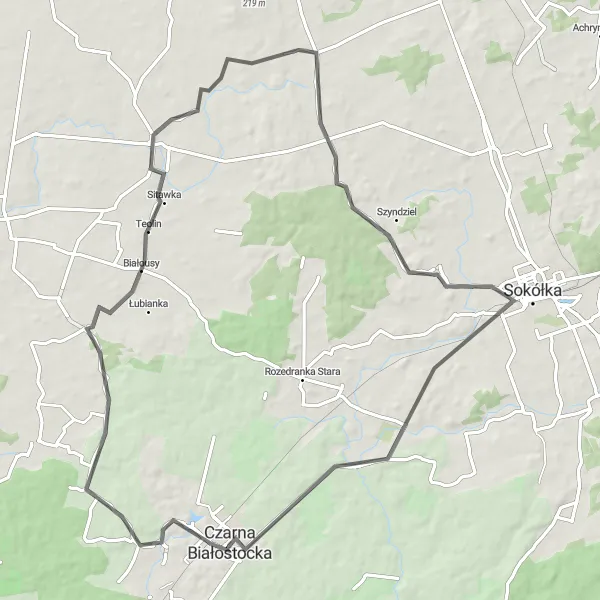 Map miniature of "The Black and White Loop" cycling inspiration in Podlaskie, Poland. Generated by Tarmacs.app cycling route planner