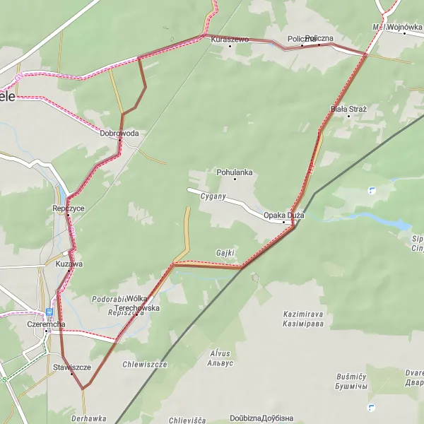 Map miniature of "Czeremcha - Wólka Terechowska - Policzna - Dobrowoda - Stawiszcze - Czeremcha" cycling inspiration in Podlaskie, Poland. Generated by Tarmacs.app cycling route planner