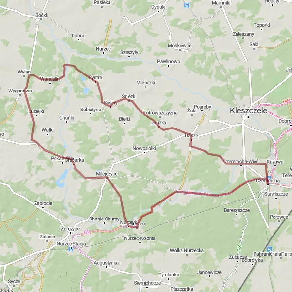 Map miniature of "Czeremcha - Rogacze - Milejczyce - Choroszczewo - Gruzka - Czeremcha" cycling inspiration in Podlaskie, Poland. Generated by Tarmacs.app cycling route planner