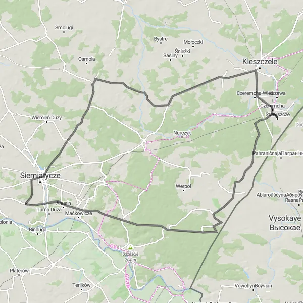 Map miniature of "Czeremcha - Koterka - Moszczona Królewska - Milejczyce - Czeremcha" cycling inspiration in Podlaskie, Poland. Generated by Tarmacs.app cycling route planner