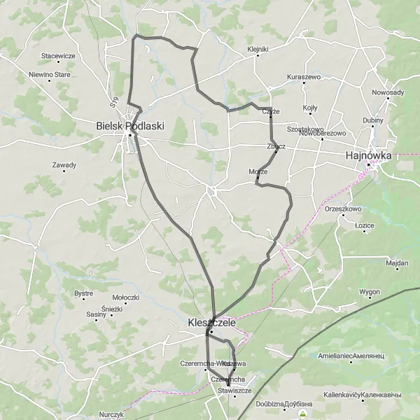 Map miniature of "Czeremcha - Suchowolce - Bielsk Podlaski - Morze - Jelonka - Kuzawa - Czeremcha" cycling inspiration in Podlaskie, Poland. Generated by Tarmacs.app cycling route planner
