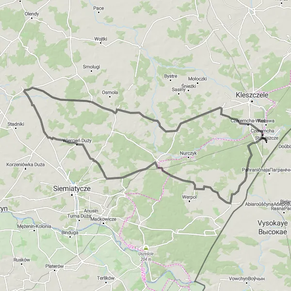Map miniature of "The Bujny Loop" cycling inspiration in Podlaskie, Poland. Generated by Tarmacs.app cycling route planner