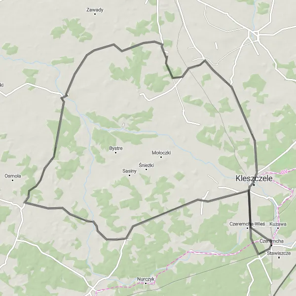 Map miniature of "Czeremcha - Milejczyce - Boćki - Knorydy - Suchowolce - Czeremcha-Wieś - Czeremcha" cycling inspiration in Podlaskie, Poland. Generated by Tarmacs.app cycling route planner